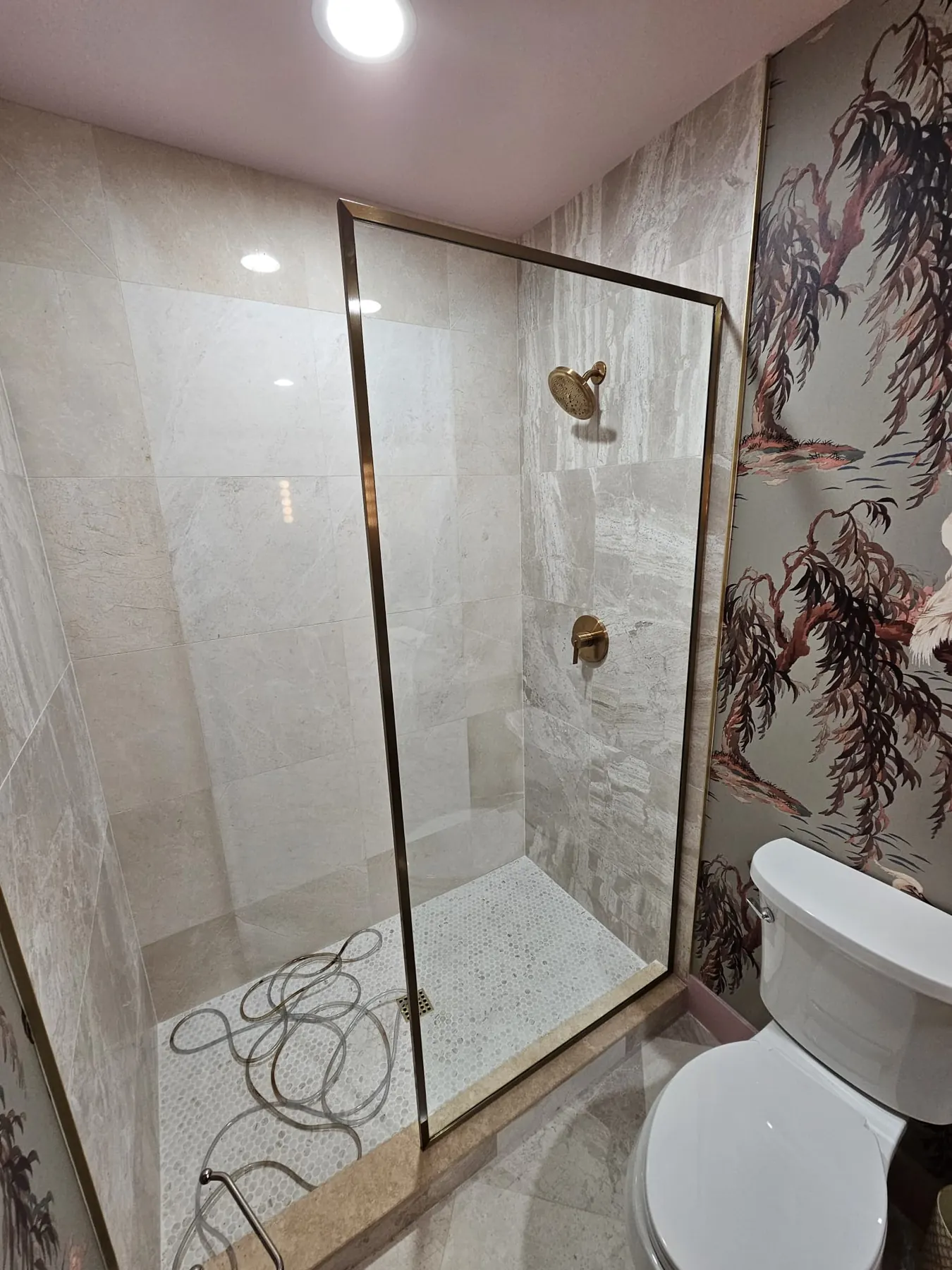 after framed shower glass with brushed gold hardware in Southwest Florida