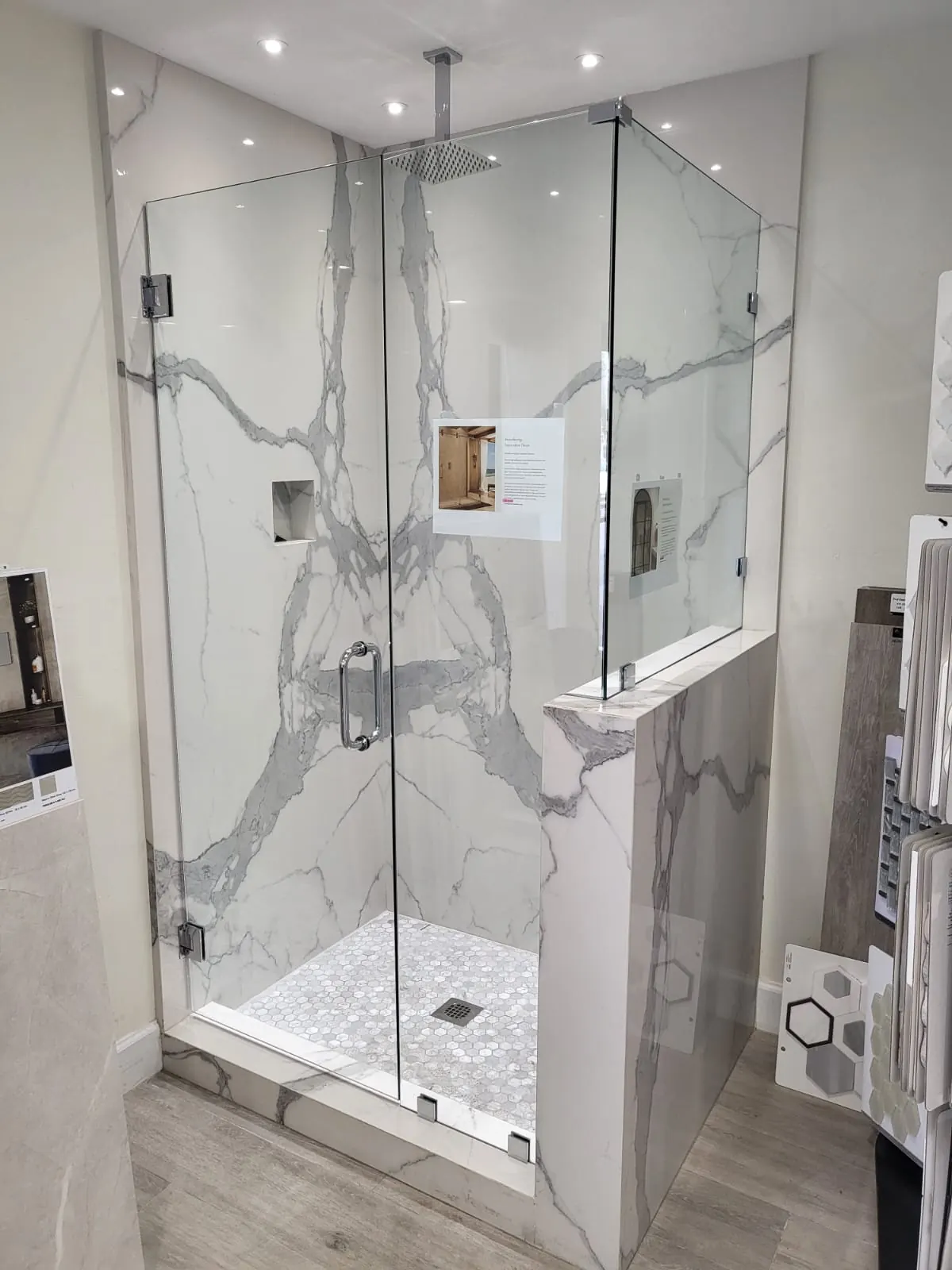 after frameless swing shower glass with chrome hardware in Southwest Florida
