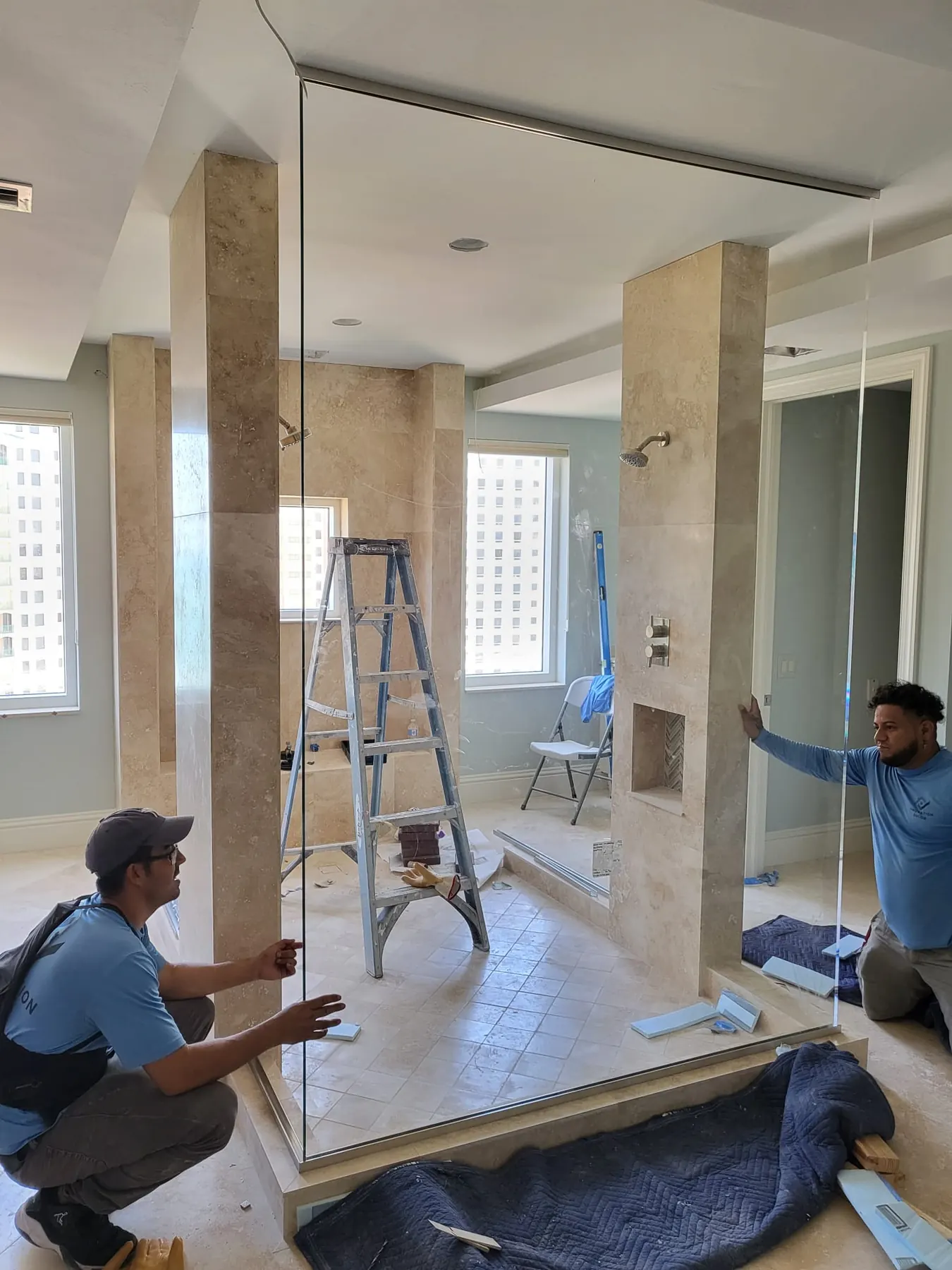 before frameless swing shower glass with chrome hardware in Southwest Florida