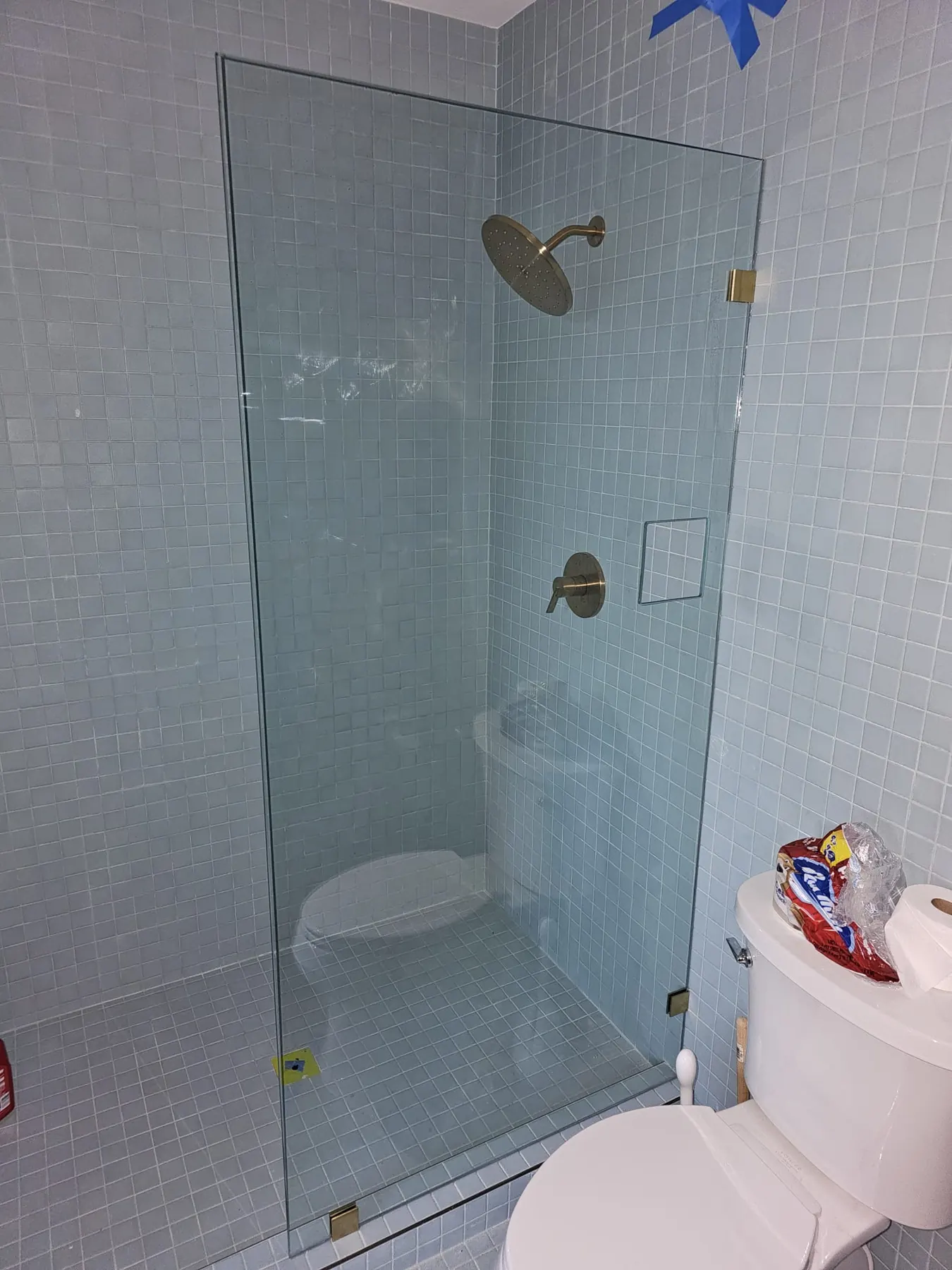 after frameless shower glass with brushed gold hardware in Southwest Florida