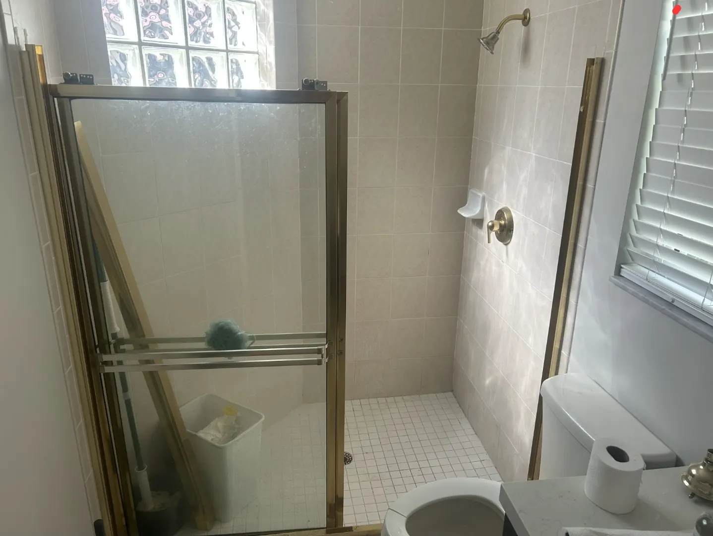 after frameless swing shower glass with brushed gold hardware in Southwest Florida