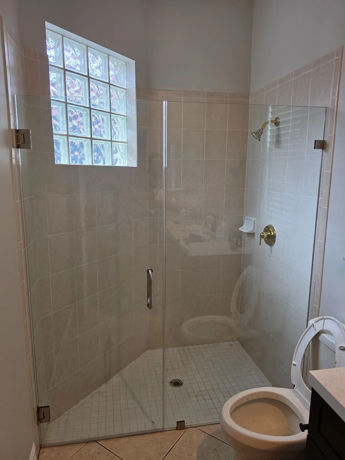 after frameless swing shower glass with brushed gold hardware in Southwest Florida
