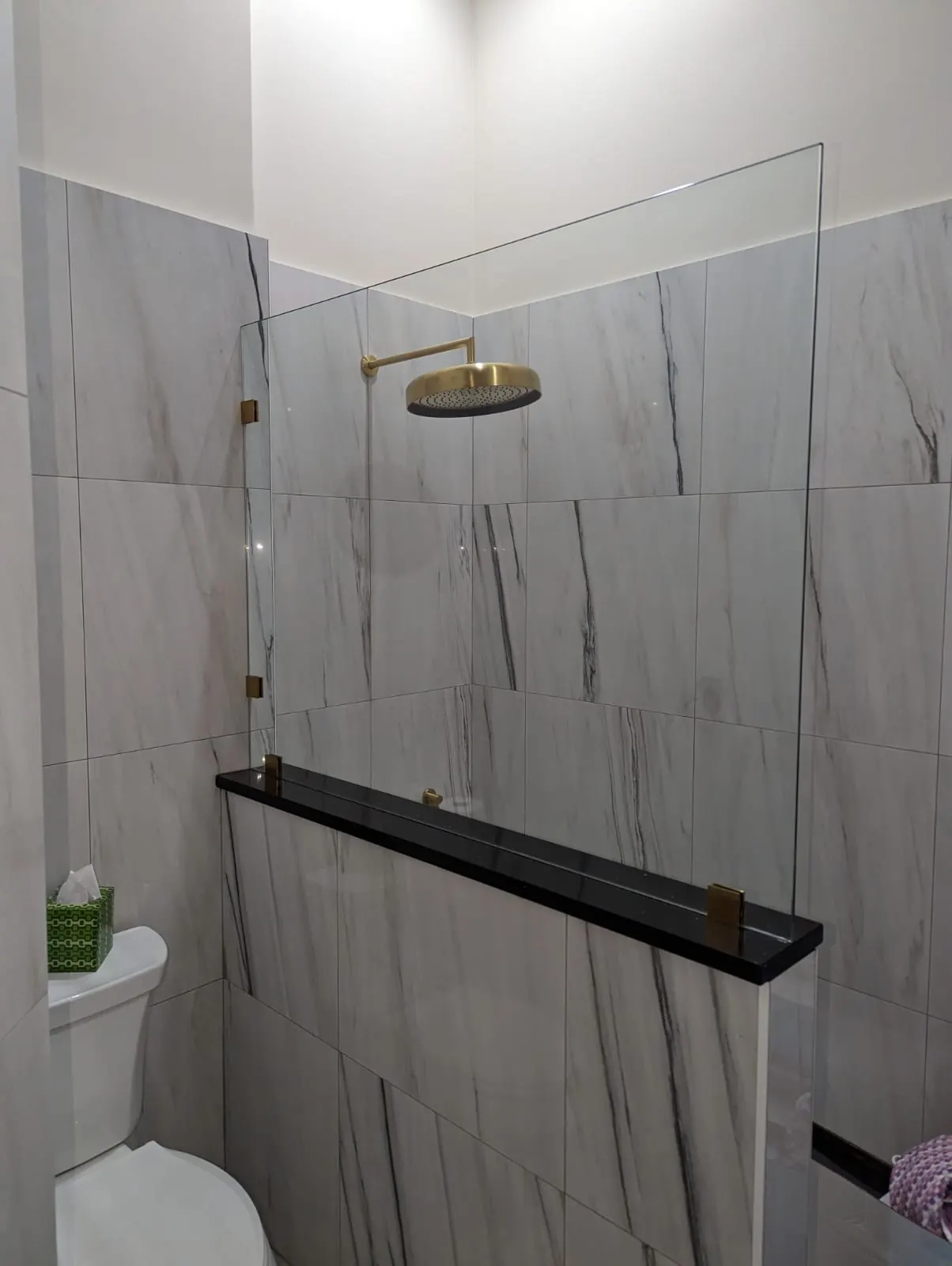 after frameless shower glass with brushed gold hardware in Southwest Florida