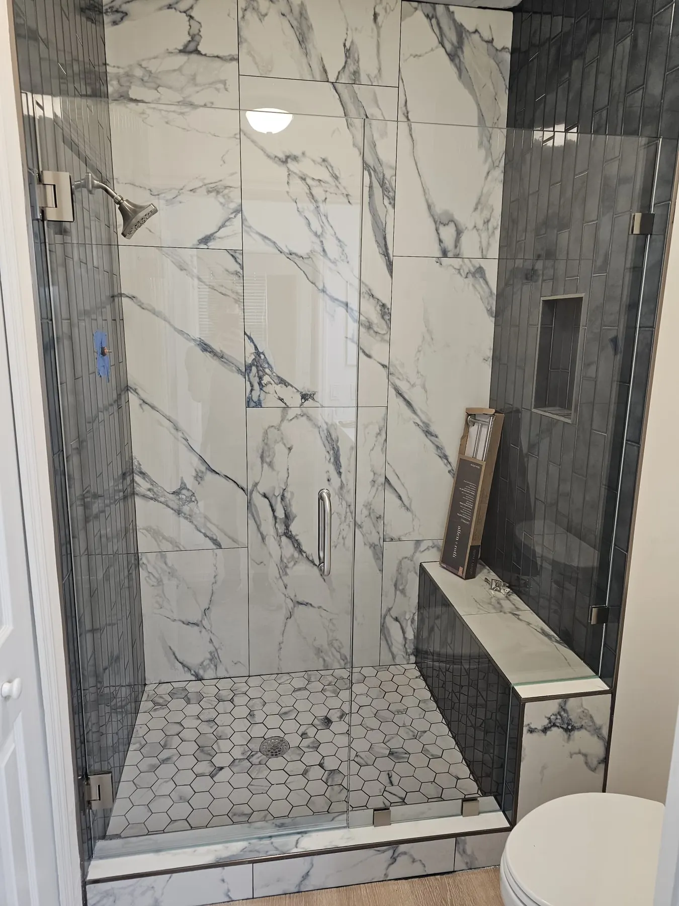 after frameless swing shower glass with brushed nickel hardware in Southwest Florida